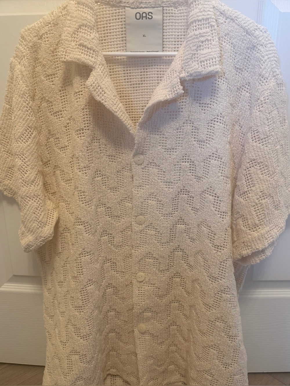 OAS Atlas Cuba Crochet Shirt Mens XL Cream SS Button Up Open Weave, Excellent